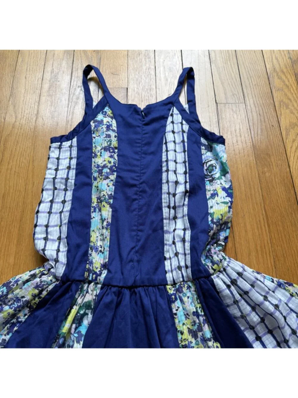 Catimini Girls Size 10 Blue Floral Striped Patchwork Sleeveless Ruffle Dress